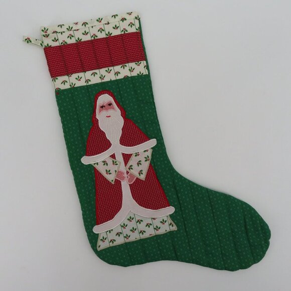Vintage Handmade Santa Claus Papa Noel Quilted Christmas Stocking Red Green Xmas - Picture 8 of 8